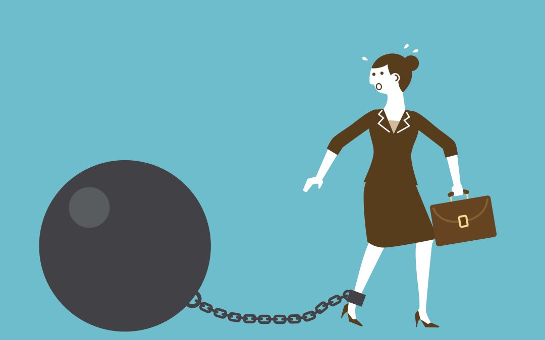 An illustration of a woman connected to a large ball and chain
