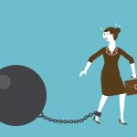 An illustration of a woman connected to a large ball and chain