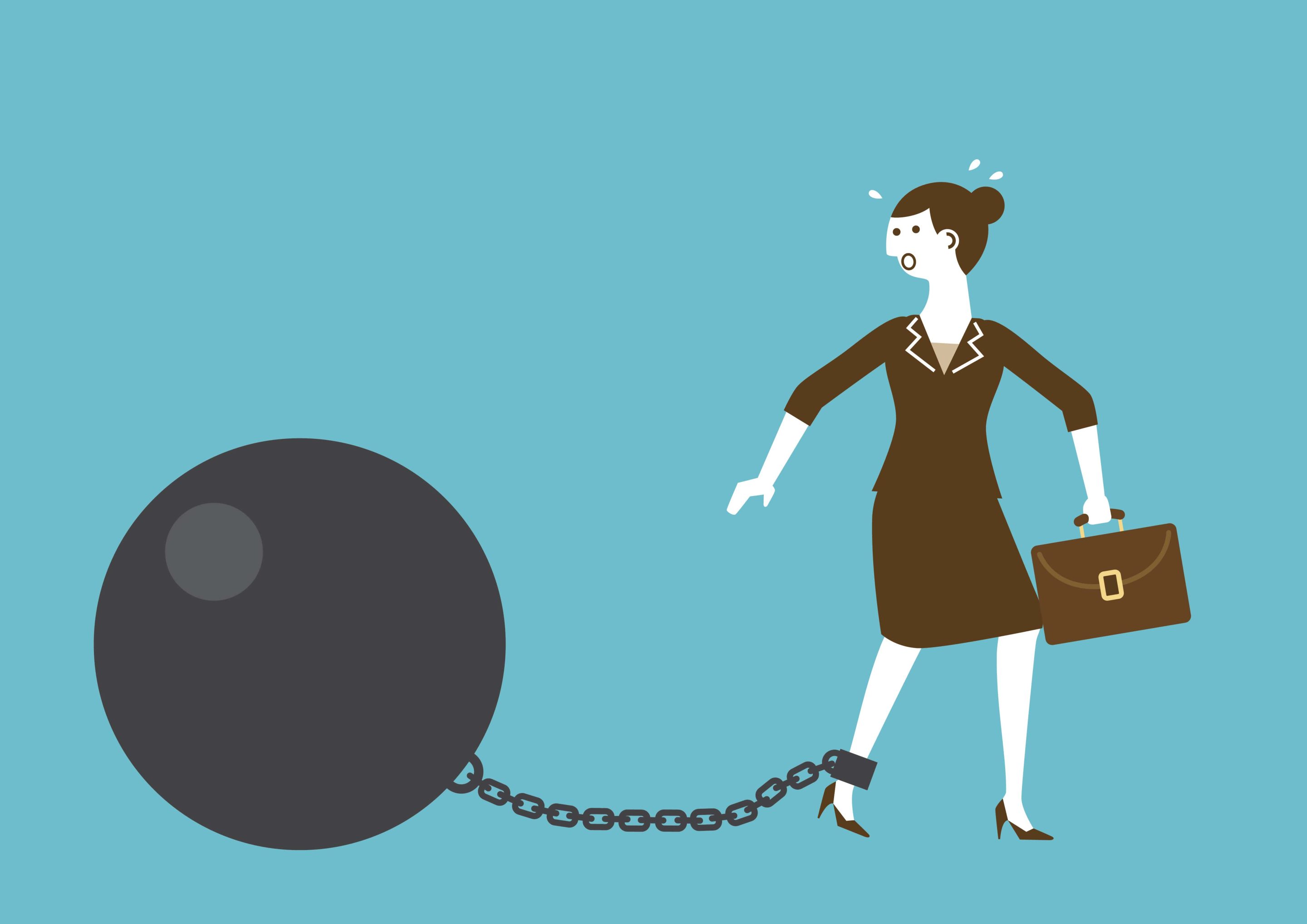 An illustration of a woman connected to a large ball and chain