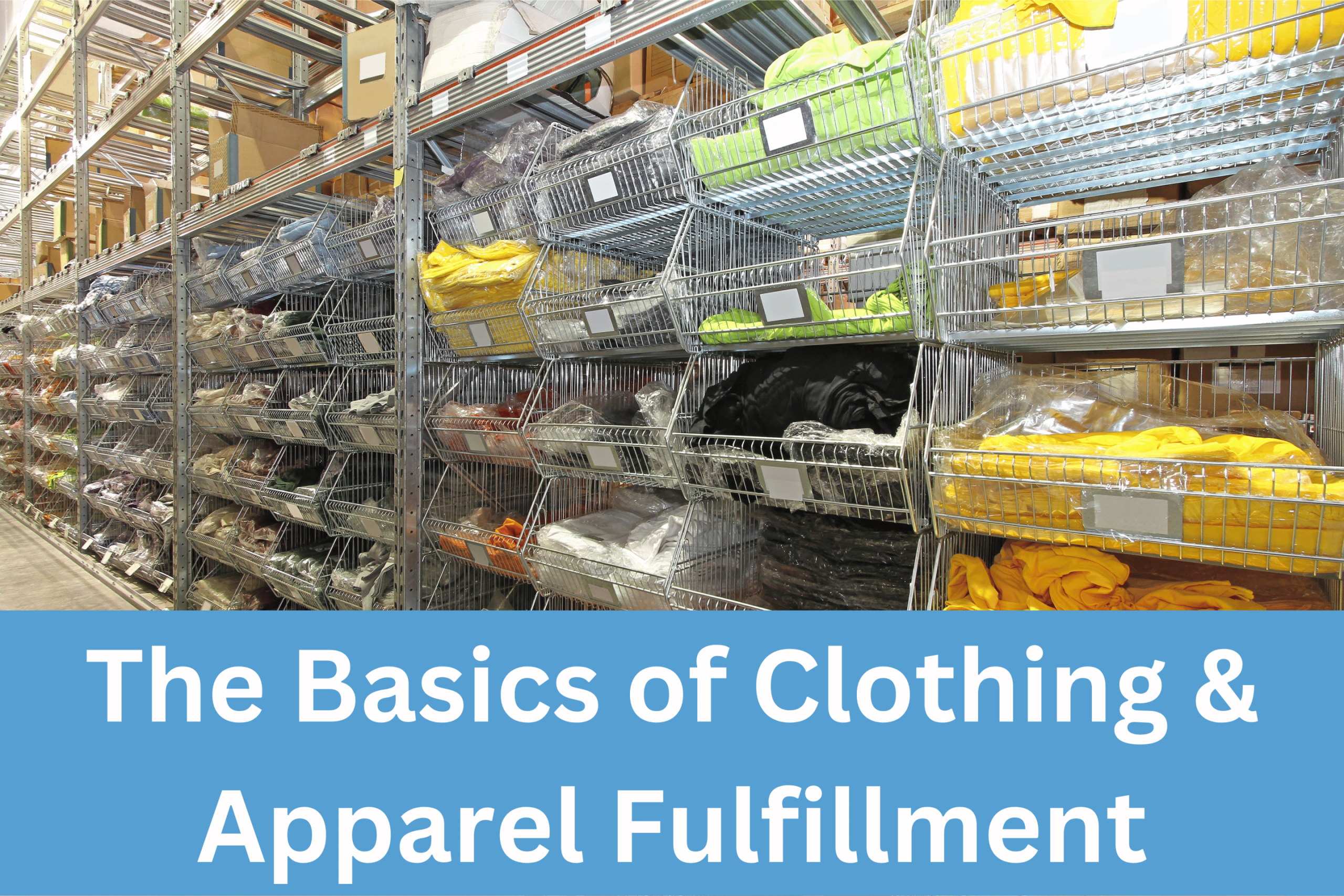 A row of warehouse storage baskets containing clothing items.