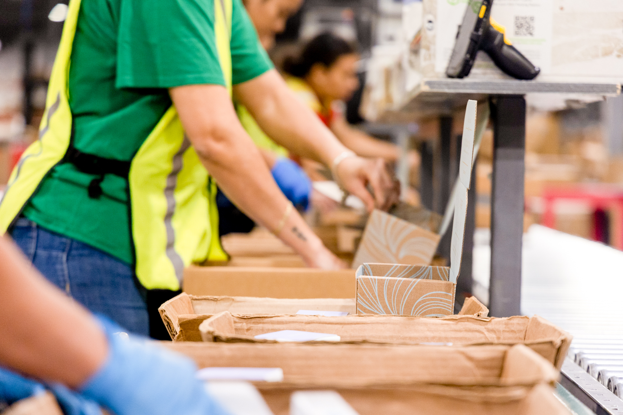 Workers filling boxes