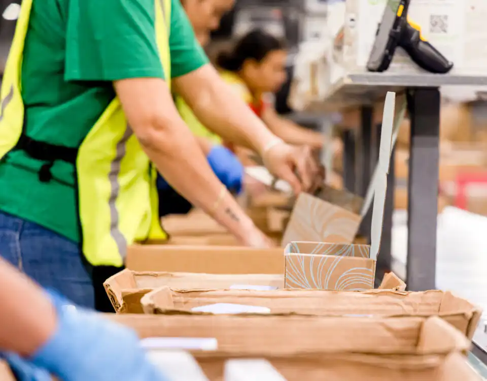 Employee packing an order.
